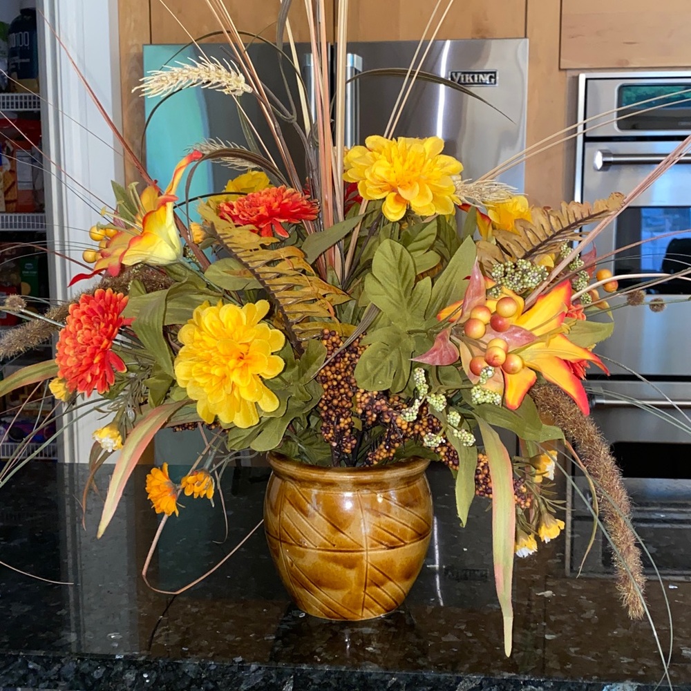 Beautiful Colorful Fall Floral Arrangement Display in a Brown Vase